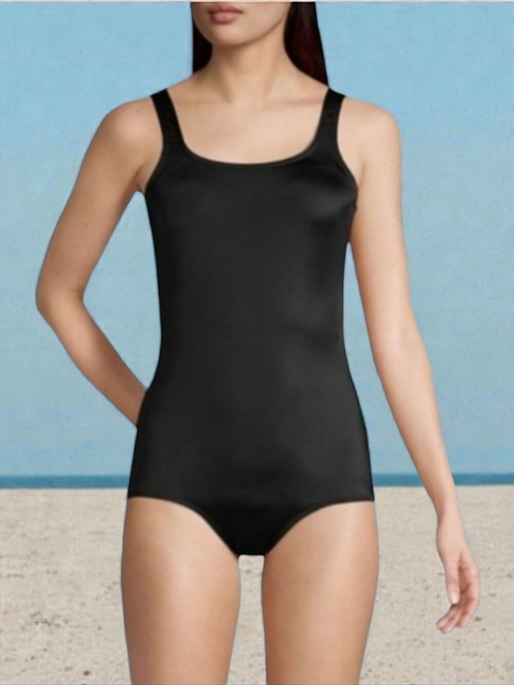 Lands' End black Swimsuit Scoop Neck Soft Cup UPF 50 Tugless Sporty sz 10
